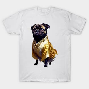 The Regal Pug: Adorned in a Golden Kimono T-Shirt